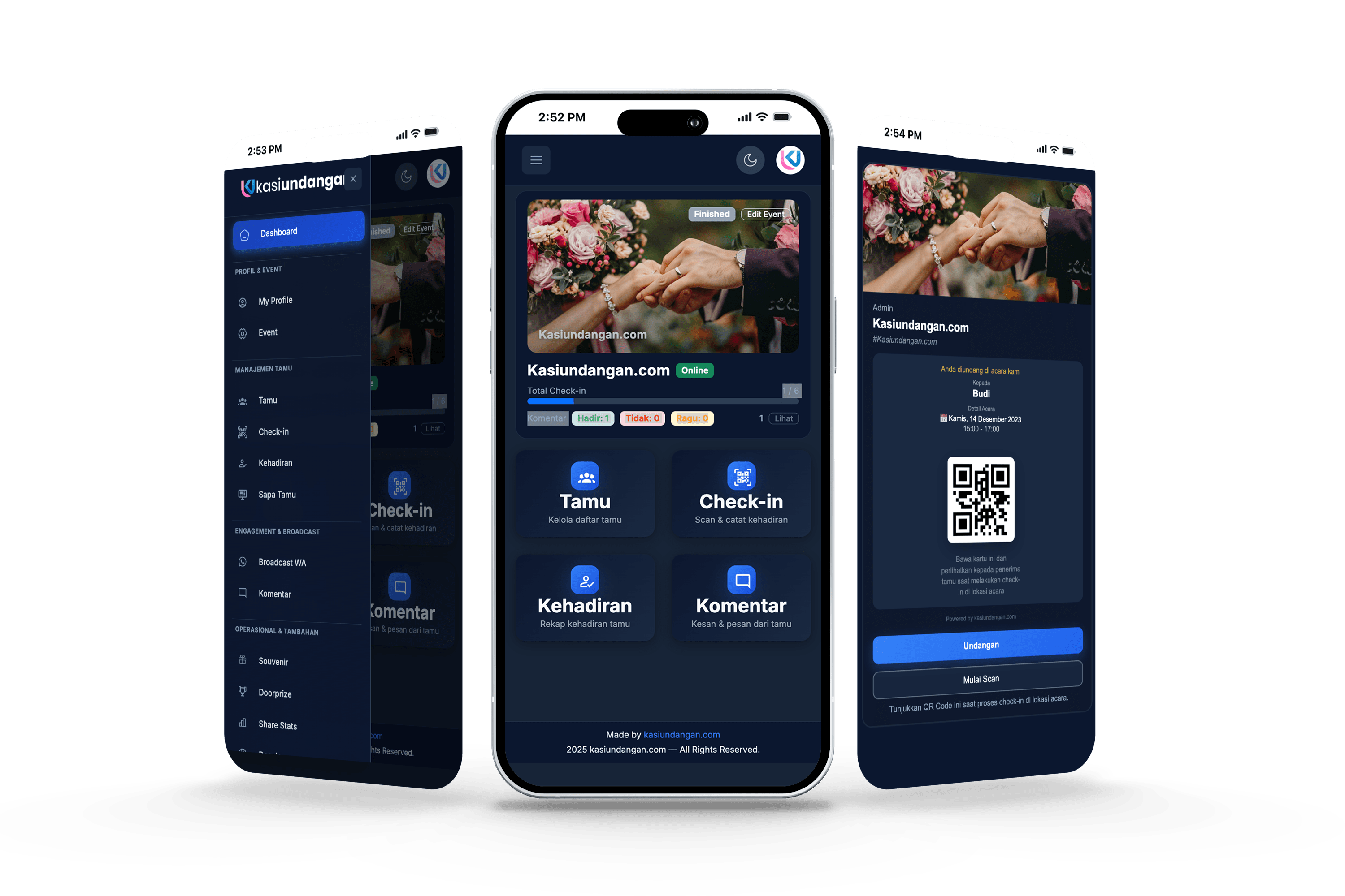 Tampilan Aplikasi Buku Tamu Digital: Dashboard Admin, Scan QR Code, dan Manajemen Tamu Event Pernikahan & Corporate